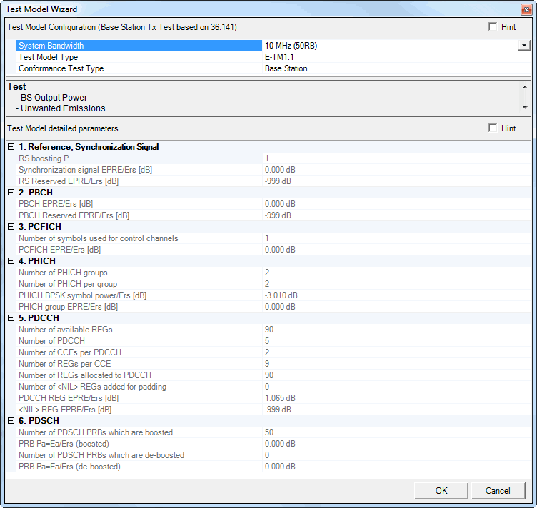 Test Model Wizard (Basic LTE-A FDD)